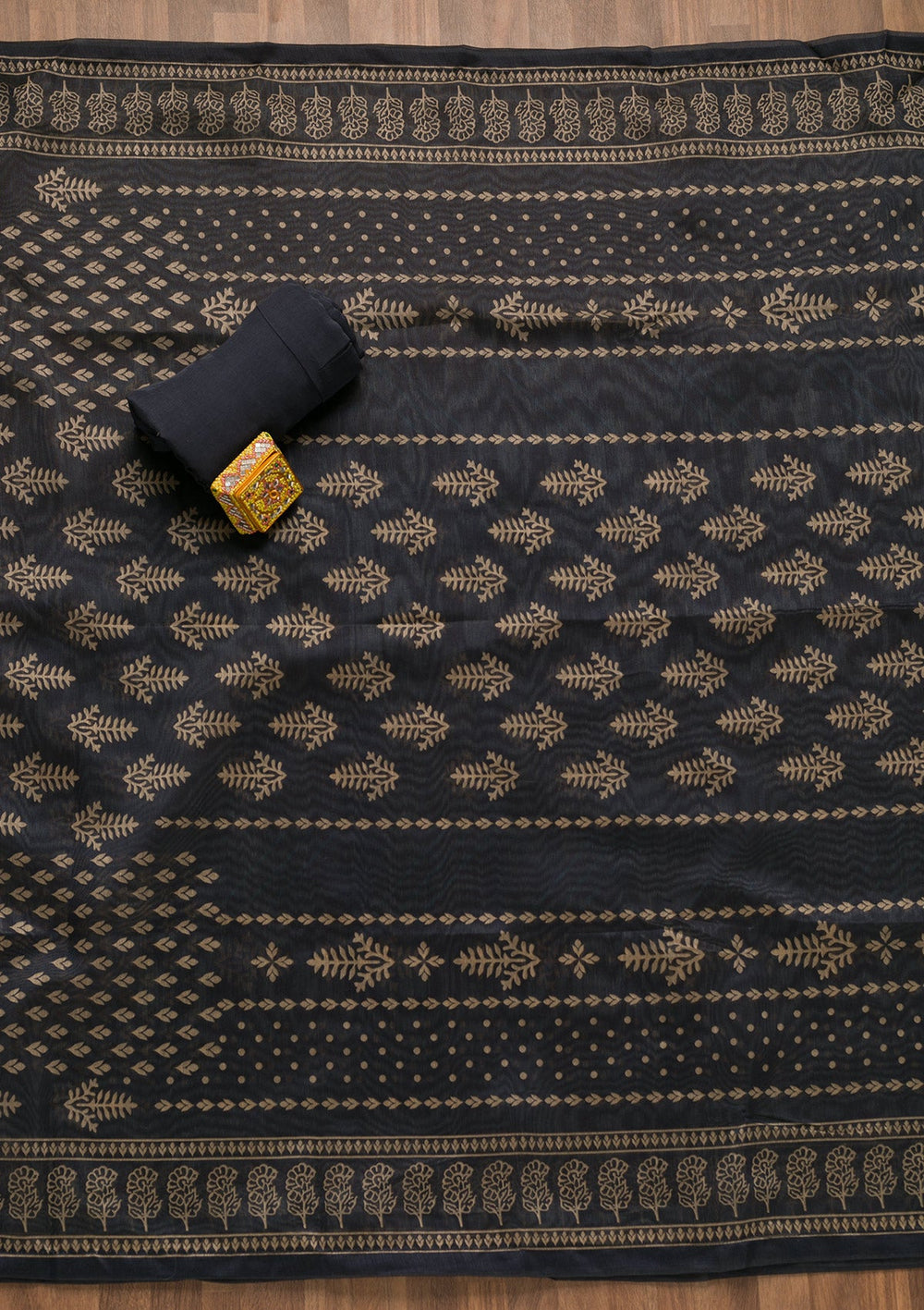 Navy Blue Threadwork Chanderi Unstitched Salwar Suit-Koskii