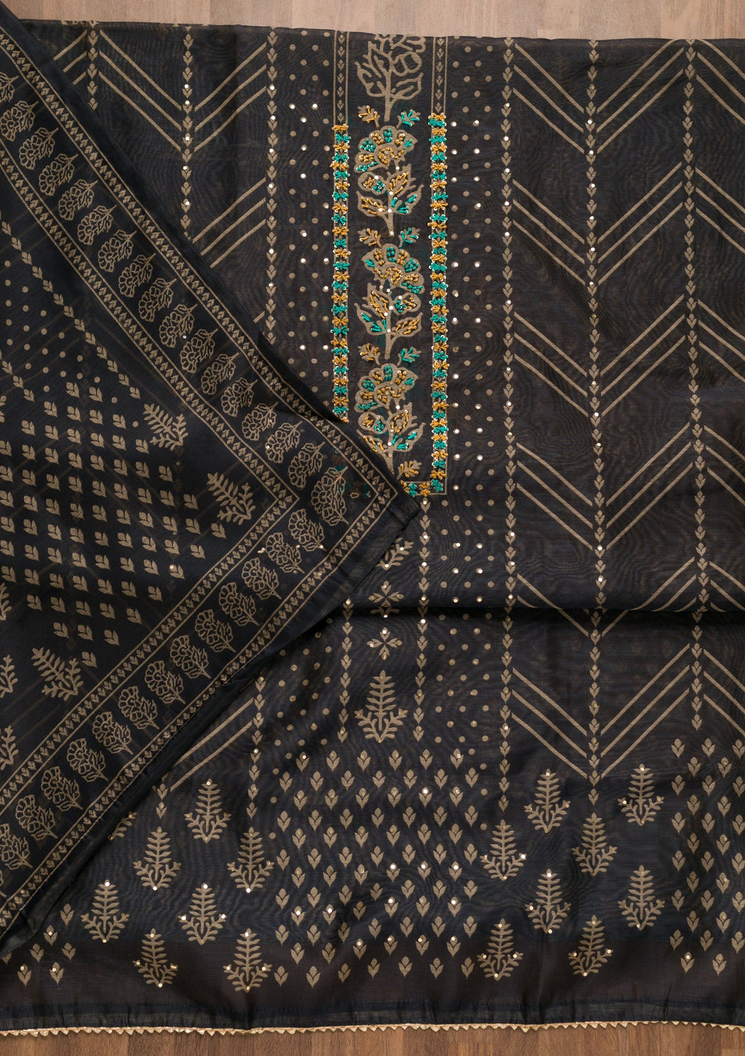 Navy Blue Threadwork Chanderi Unstitched Salwar Suit-Koskii