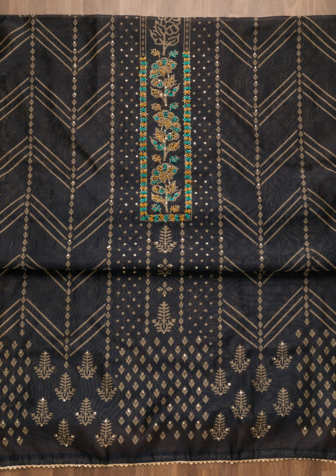 Navy Blue Threadwork Chanderi Unstitched Salwar Suit-Koskii