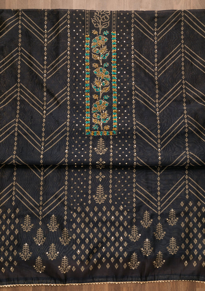 Navy Blue Threadwork Chanderi Unstitched Salwar Suit-Koskii