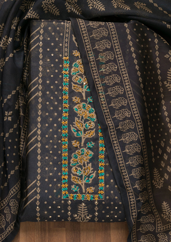 Navy Blue Threadwork Chanderi Unstitched Salwar Suit-Koskii