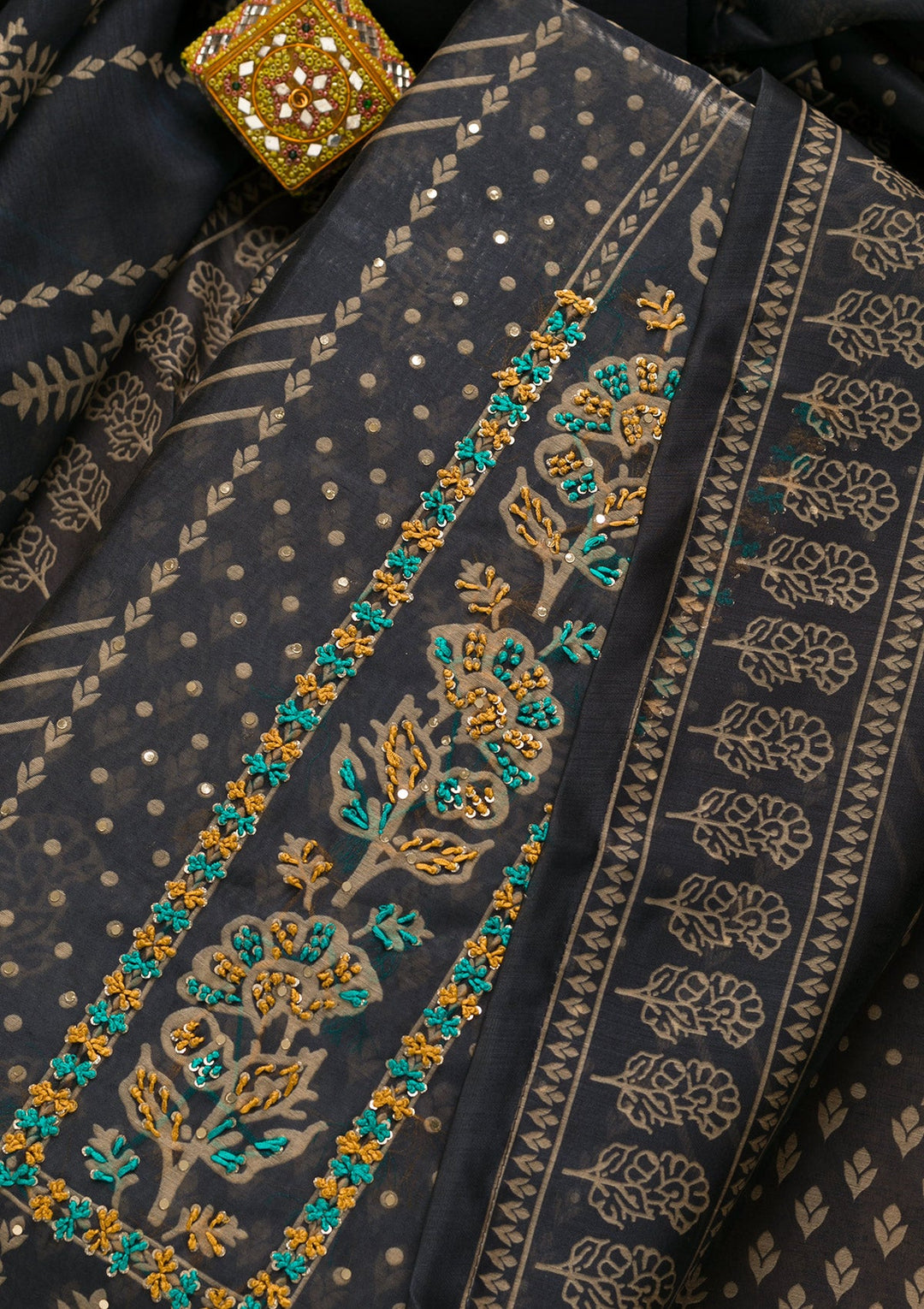 Navy Blue Threadwork Chanderi Unstitched Salwar Suit-Koskii