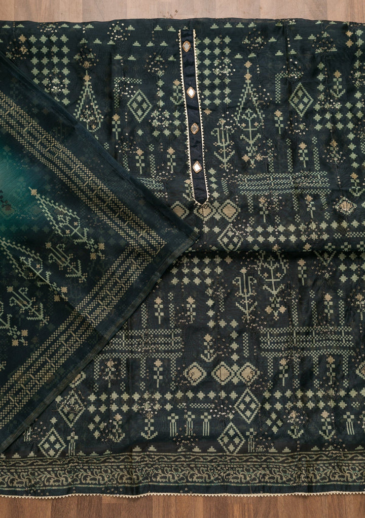 Navy Blue Threadwork Chanderi Unstitched Salwar Suit-Koskii
