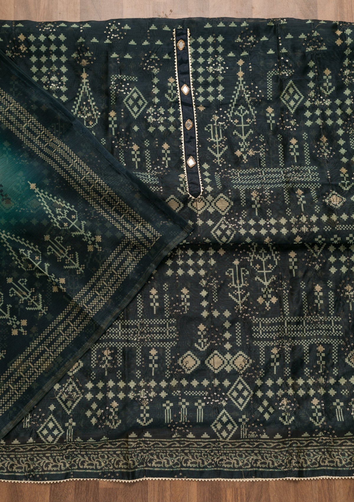 Navy Blue Threadwork Chanderi Unstitched Salwar Suit-Koskii
