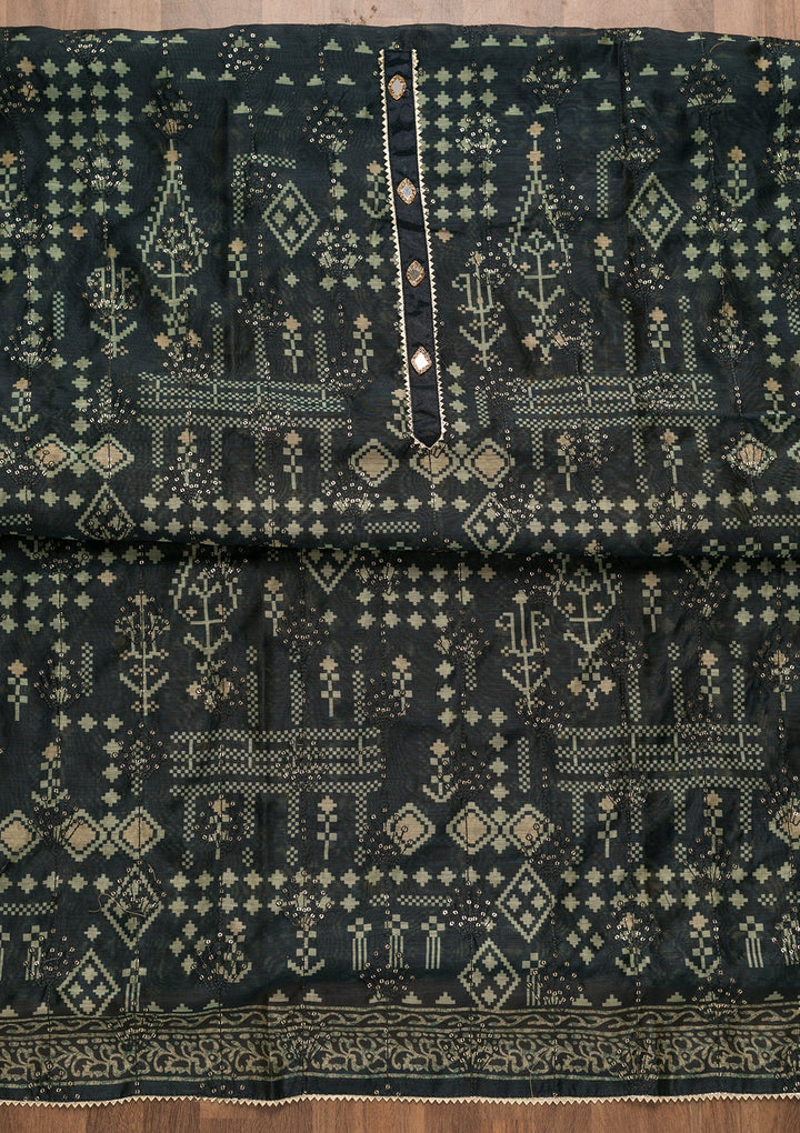 Navy Blue Threadwork Chanderi Unstitched Salwar Suit-Koskii