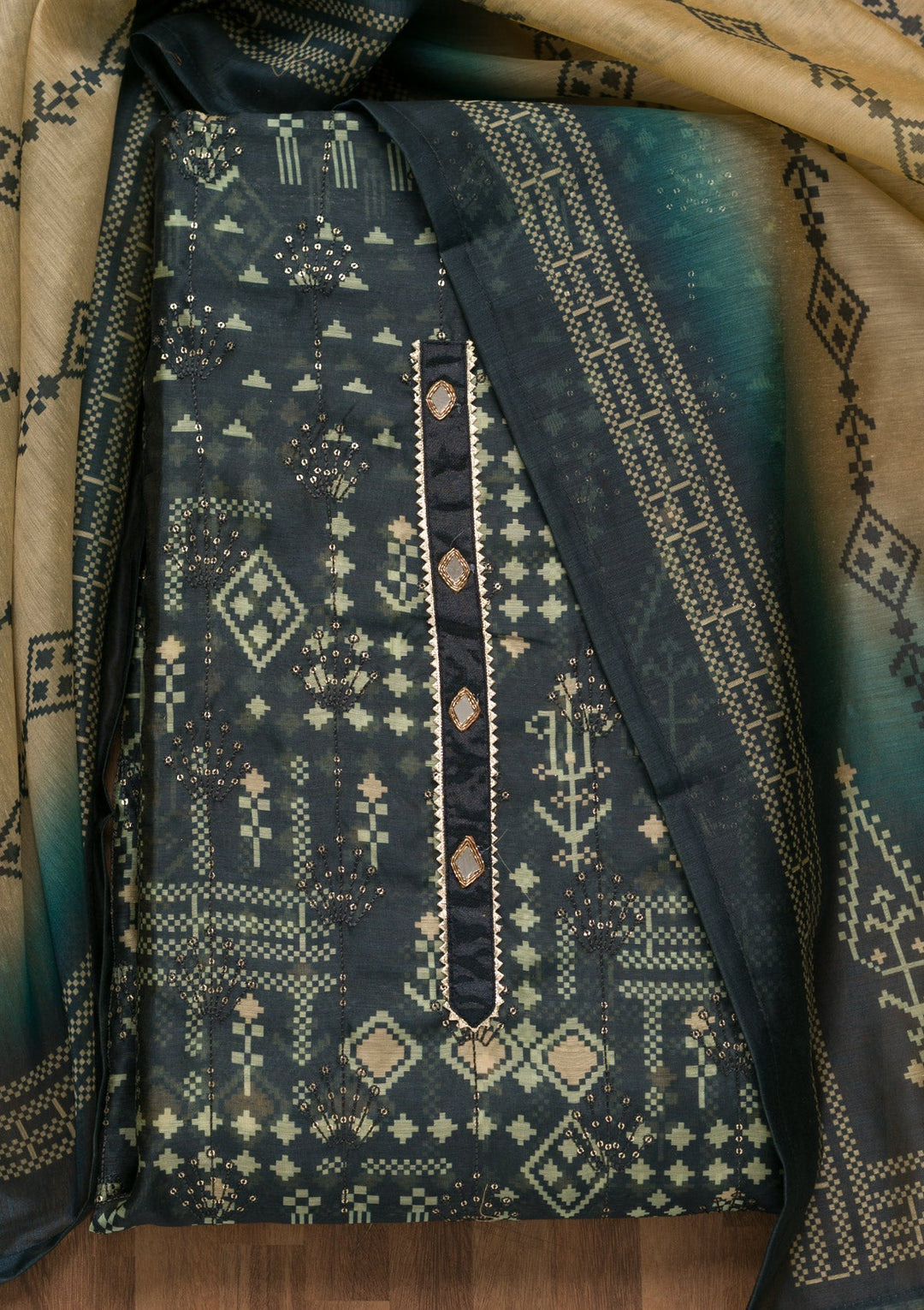 Navy Blue Threadwork Chanderi Unstitched Salwar Suit-Koskii