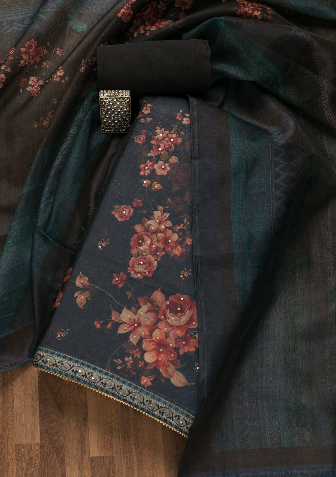 Navy Blue Threadwork Chanderi Unstitched Salwar Suit-Koskii