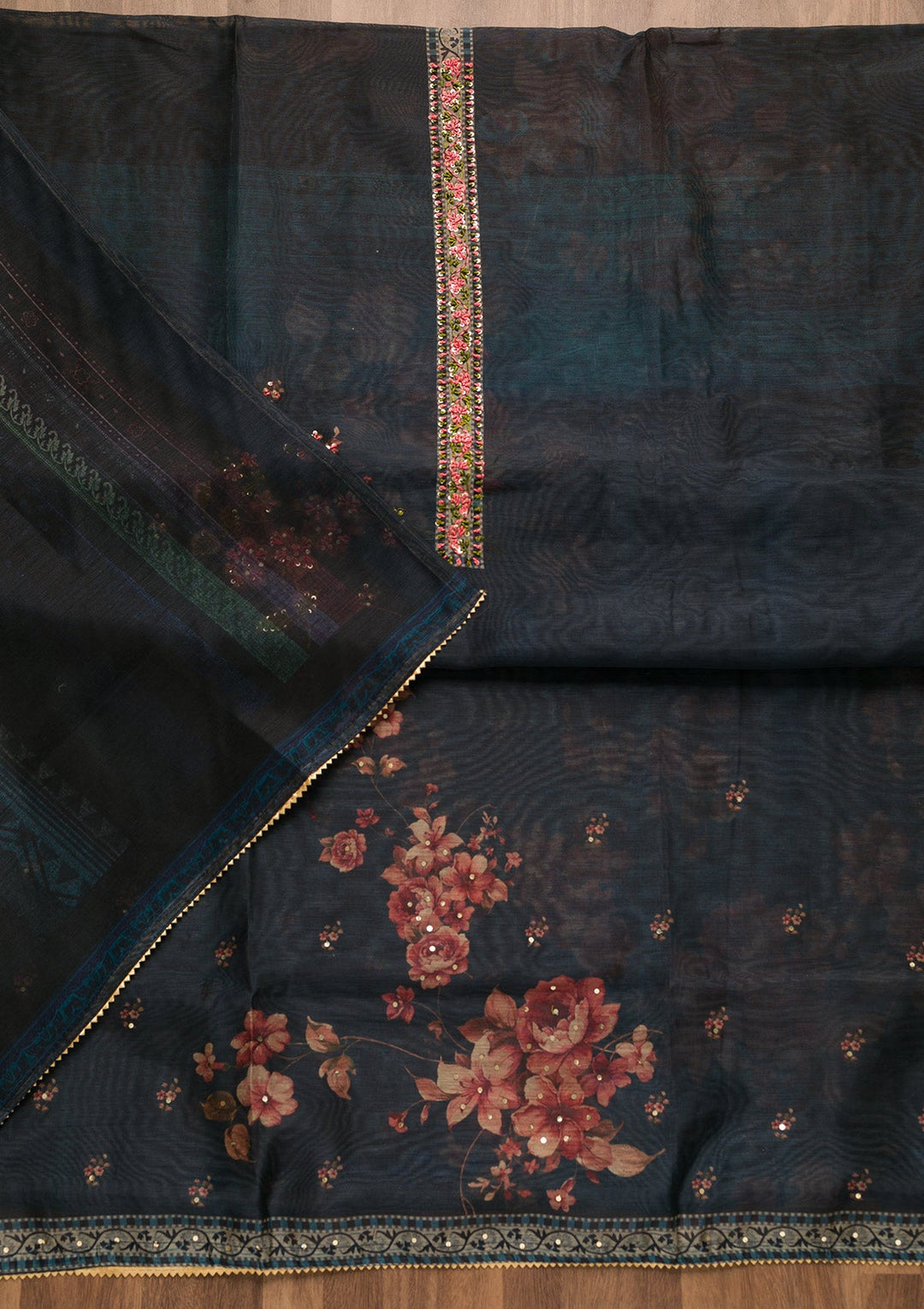 Navy Blue Threadwork Chanderi Unstitched Salwar Suit-Koskii