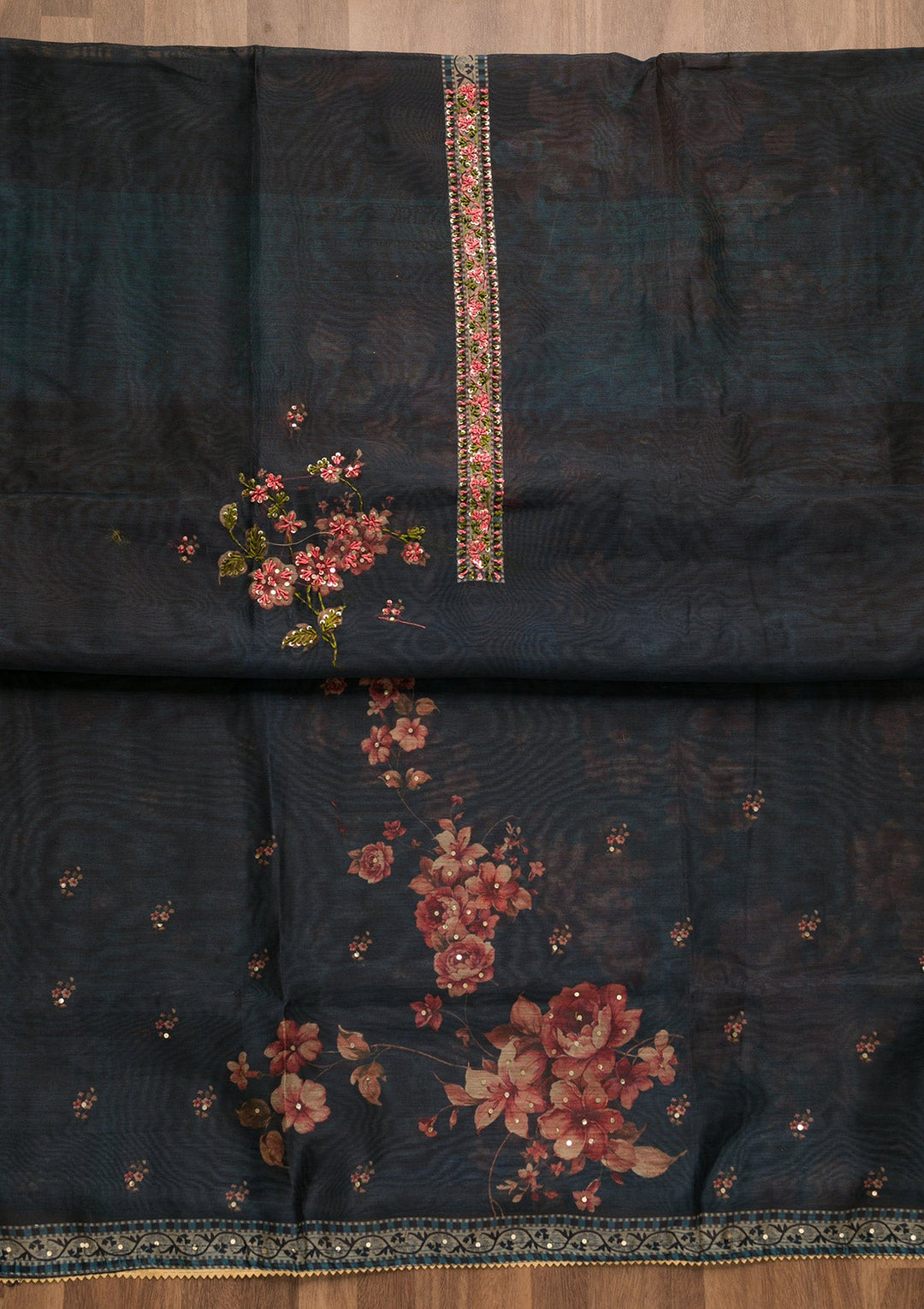 Navy Blue Threadwork Chanderi Unstitched Salwar Suit-Koskii
