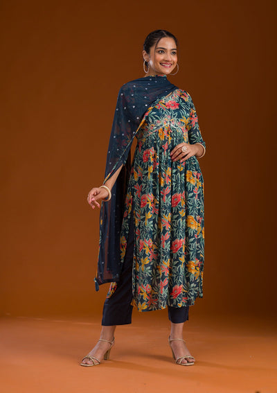 Navy Blue Threadwork Chiffon Readymade Salwar Suit-Koskii