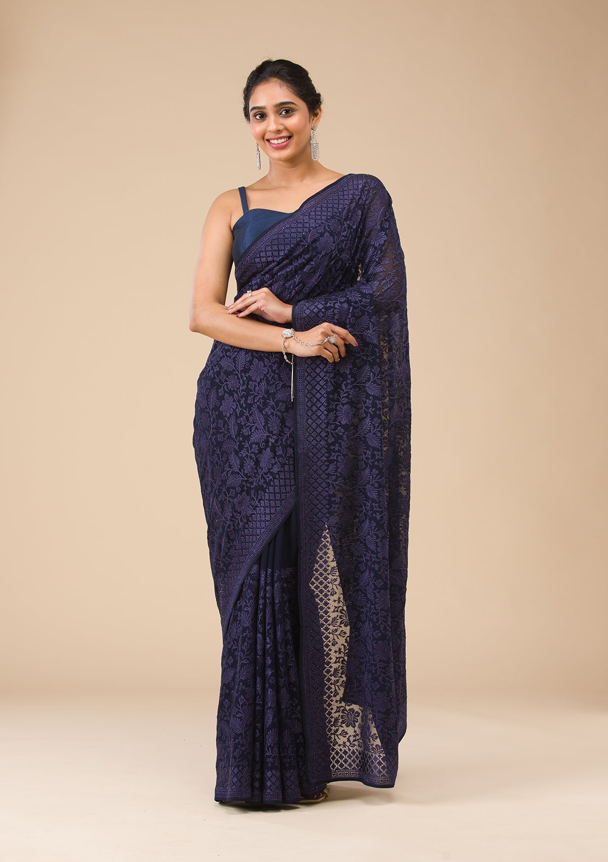 Navy Blue Threadwork Georgette Saree-Koskii