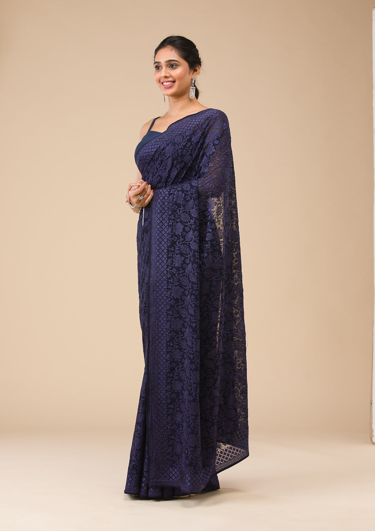 Navy Blue Threadwork Georgette Saree-Koskii