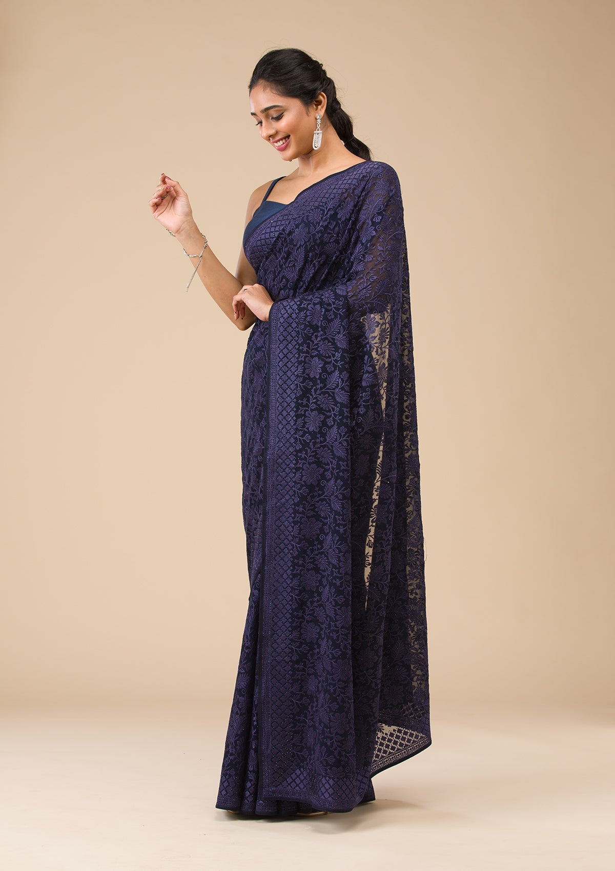 Navy Blue Threadwork Georgette Saree-Koskii