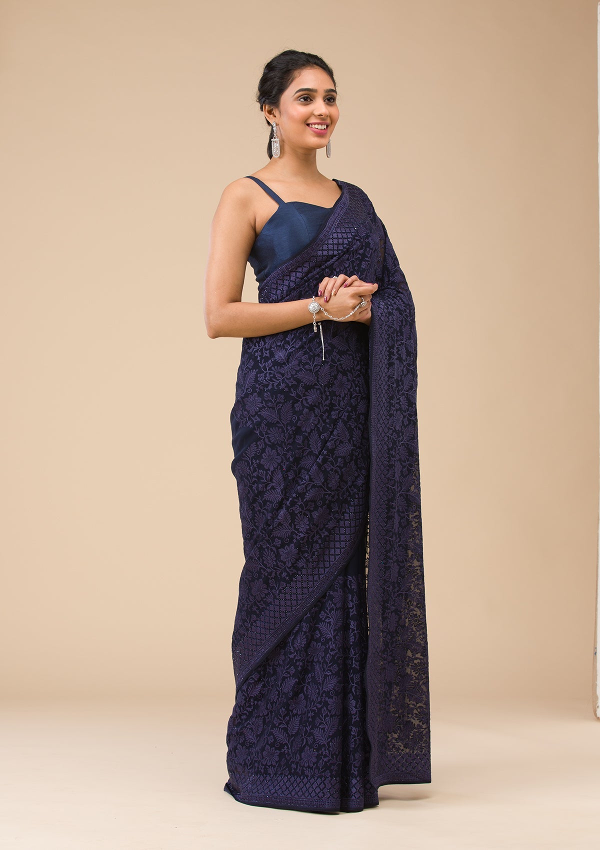 Navy Blue Threadwork Georgette Saree-Koskii