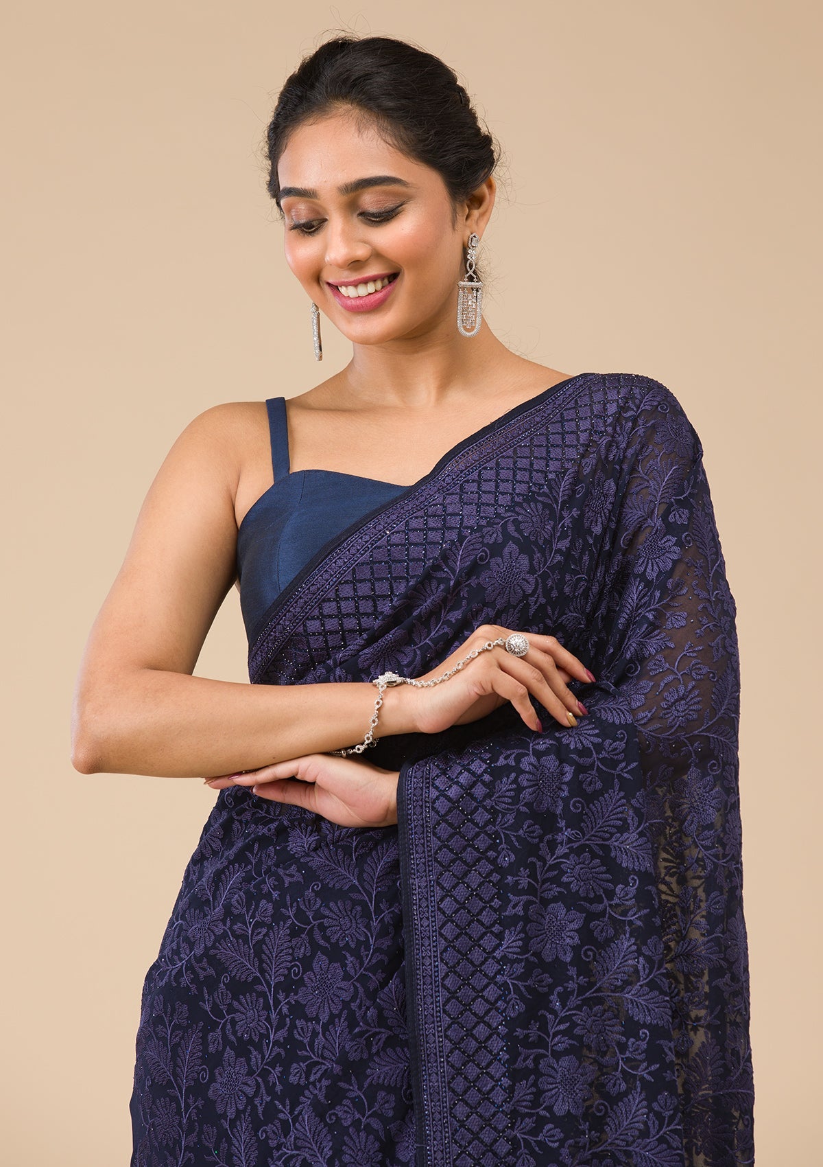 Navy Blue Threadwork Georgette Saree-Koskii