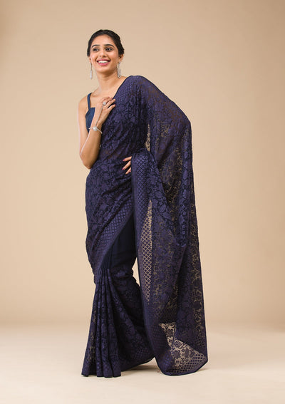 Navy Blue Threadwork Georgette Saree-Koskii