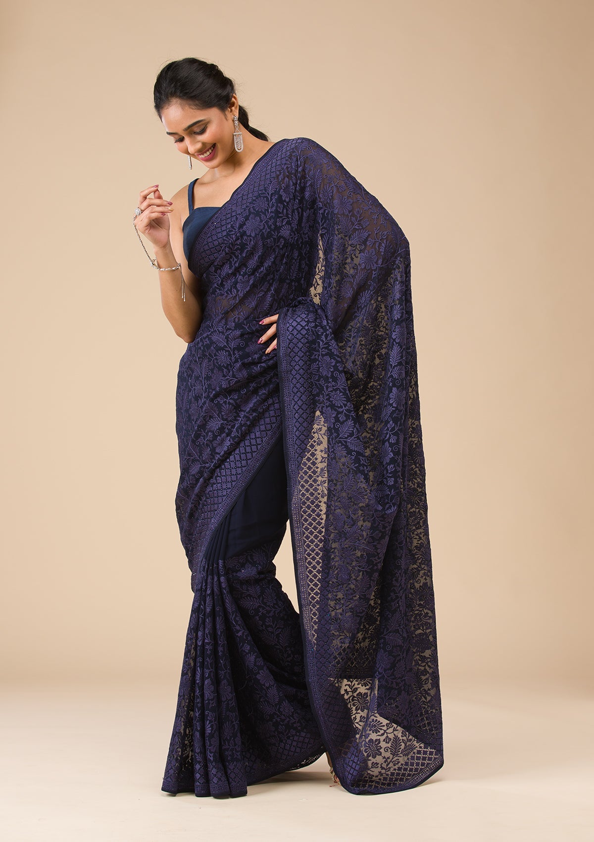 Navy Blue Threadwork Georgette Saree-Koskii