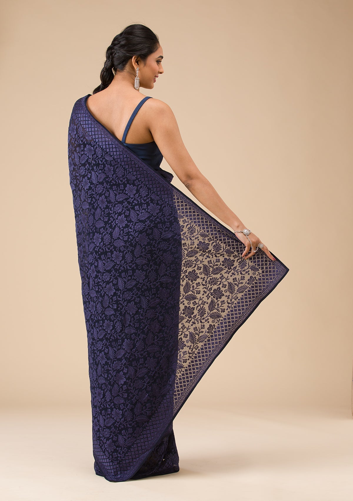 Navy Blue Threadwork Georgette Saree-Koskii