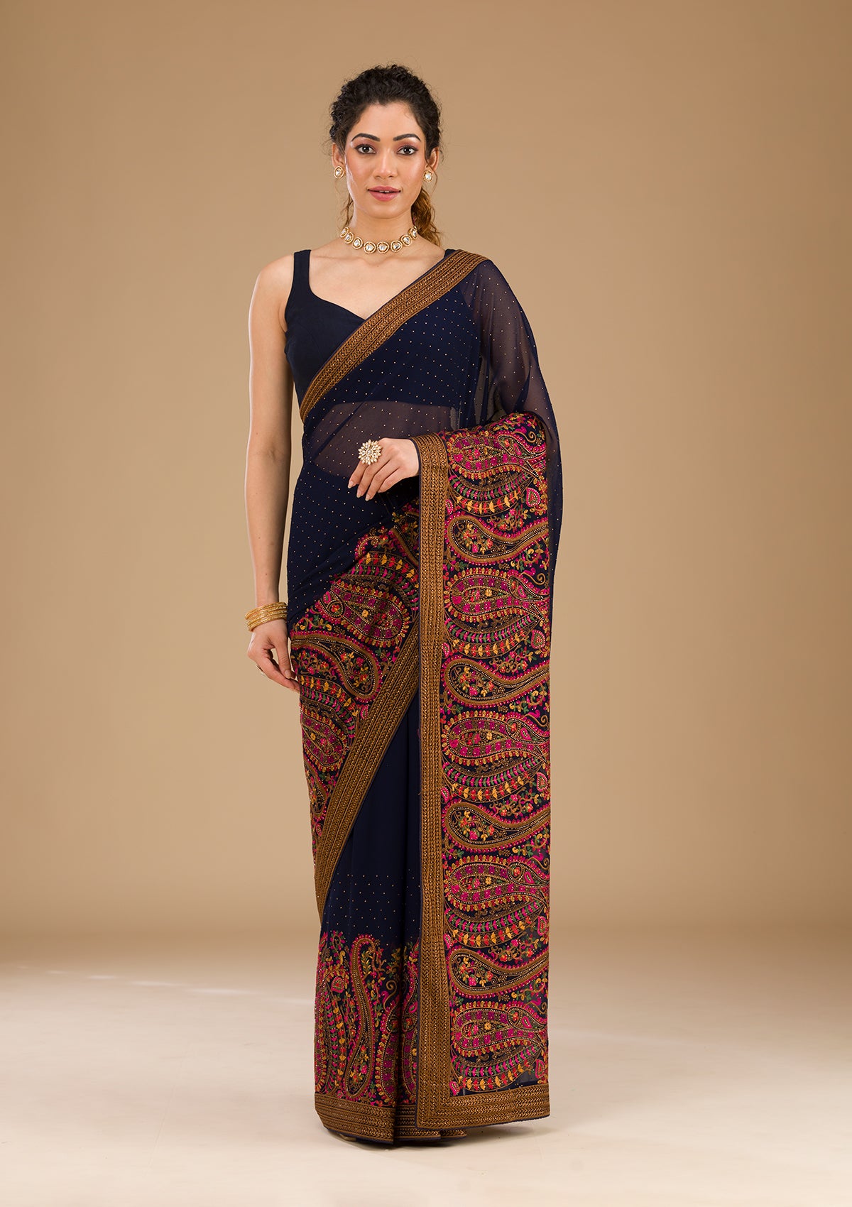 Navy Blue Threadwork Georgette Saree