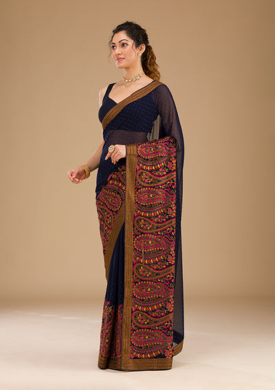 Navy Blue Threadwork Georgette Saree