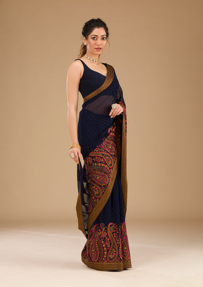 Navy Blue Threadwork Georgette Saree