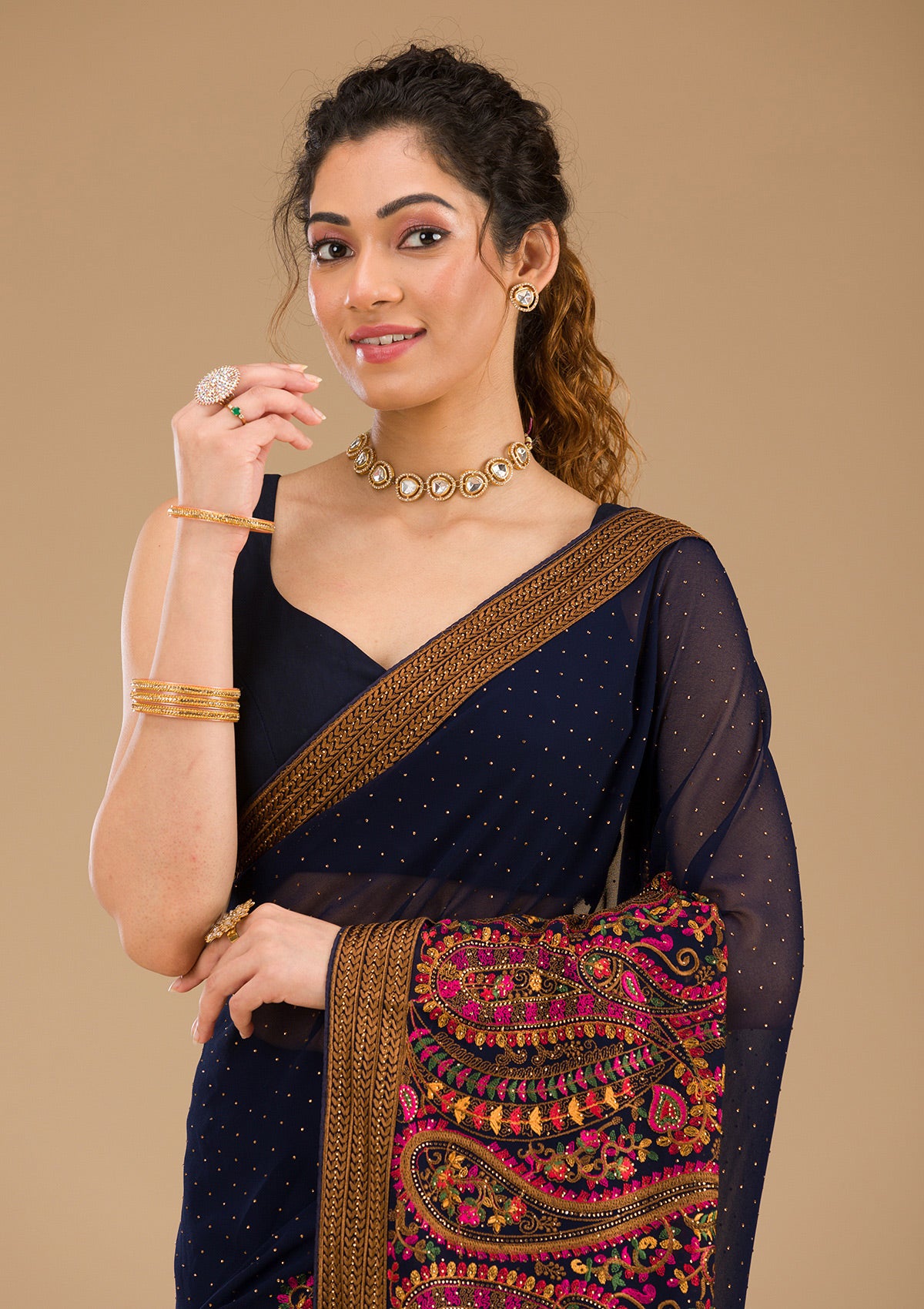 Navy Blue Threadwork Georgette Saree