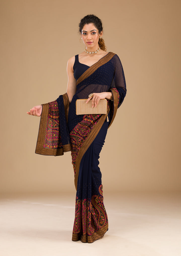 Navy Blue Threadwork Georgette Saree