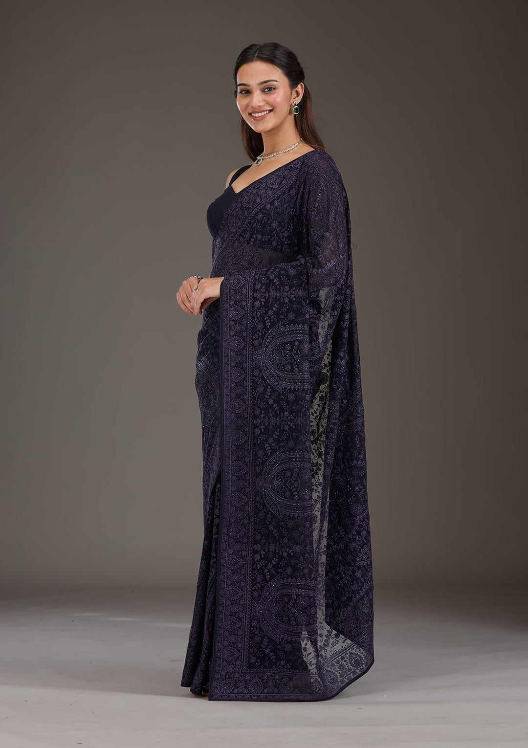 Navy Blue Threadwork Georgette Saree-Koskii