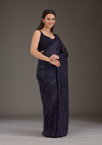 Navy Blue Threadwork Georgette Saree-Koskii