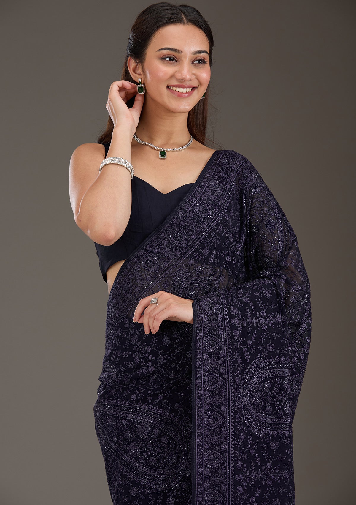 Navy Blue Threadwork Georgette Saree-Koskii