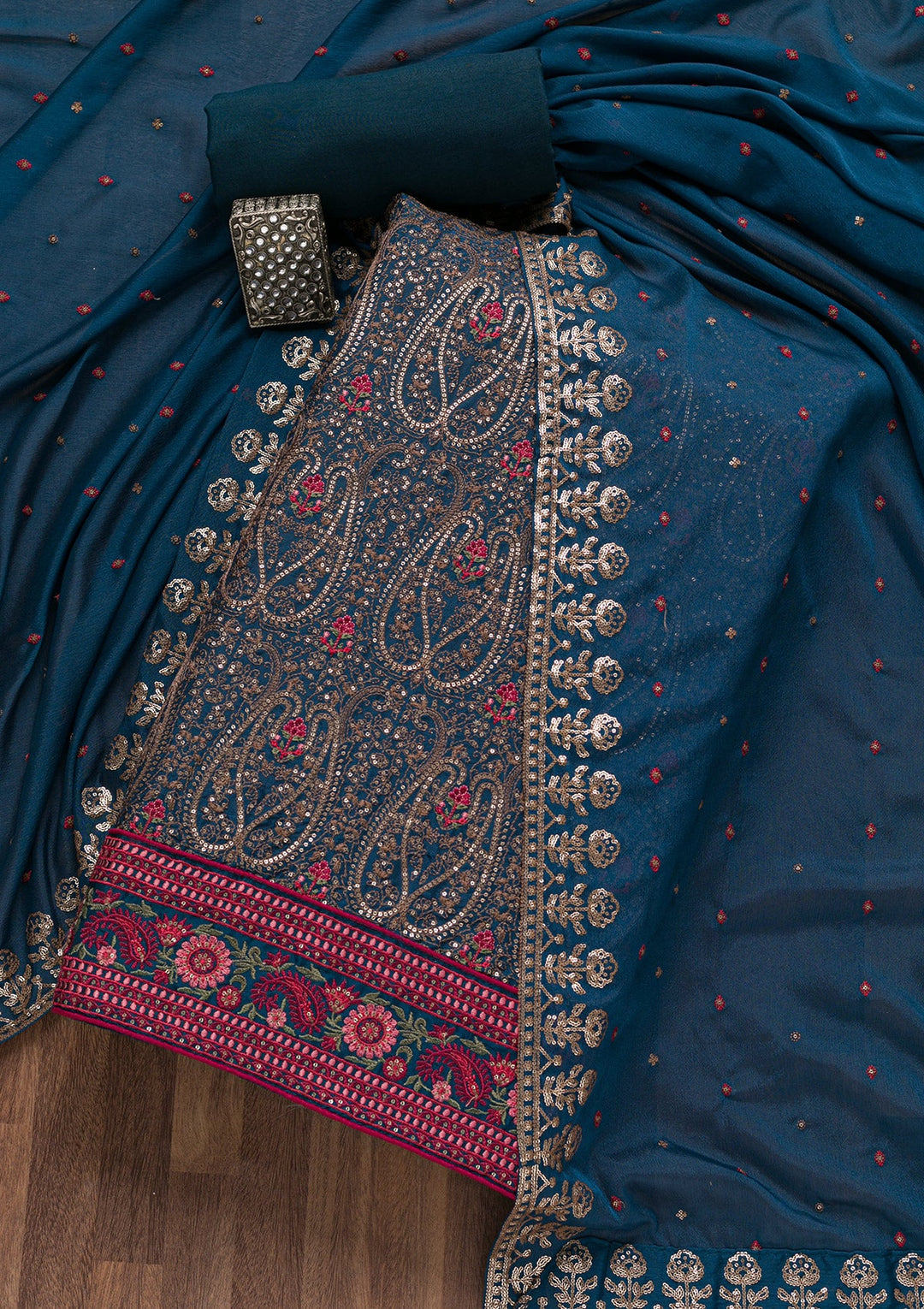 Navy Blue Threadwork Semi Crepe Unstitched Salwar Suit-Koskii