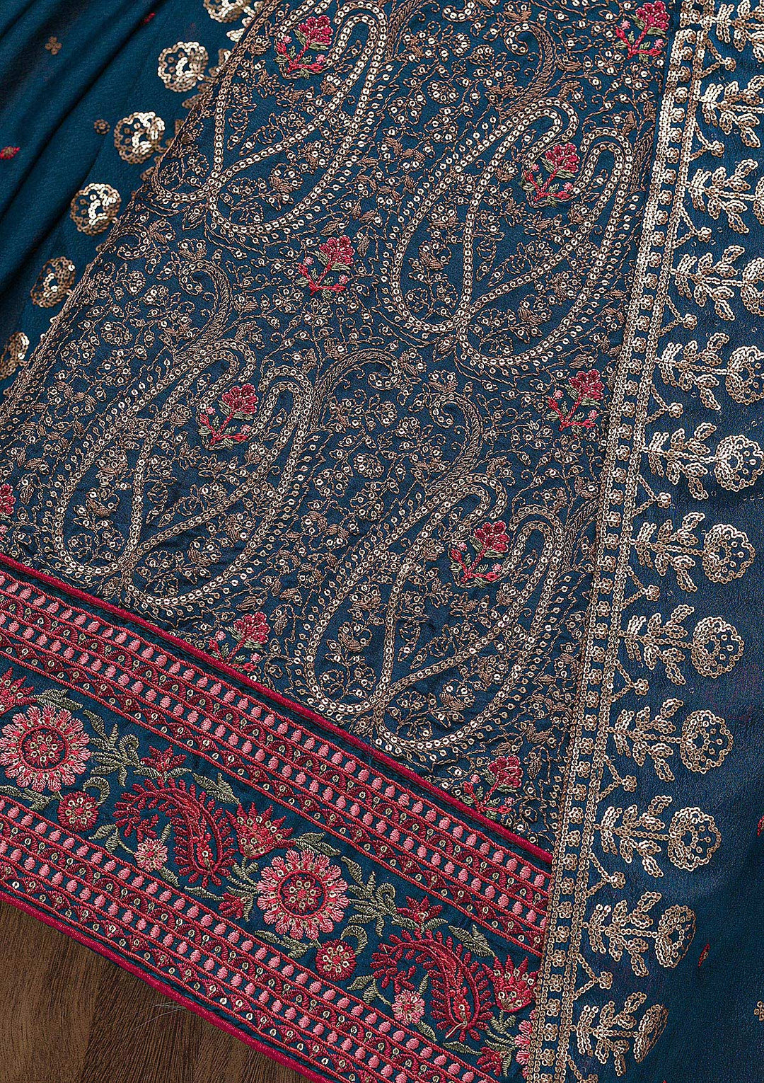 Navy Blue Threadwork Semi Crepe Unstitched Salwar Suit-Koskii