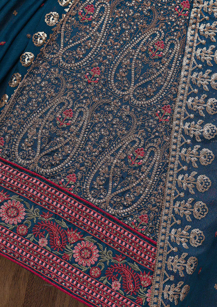 Navy Blue Threadwork Semi Crepe Unstitched Salwar Suit-Koskii