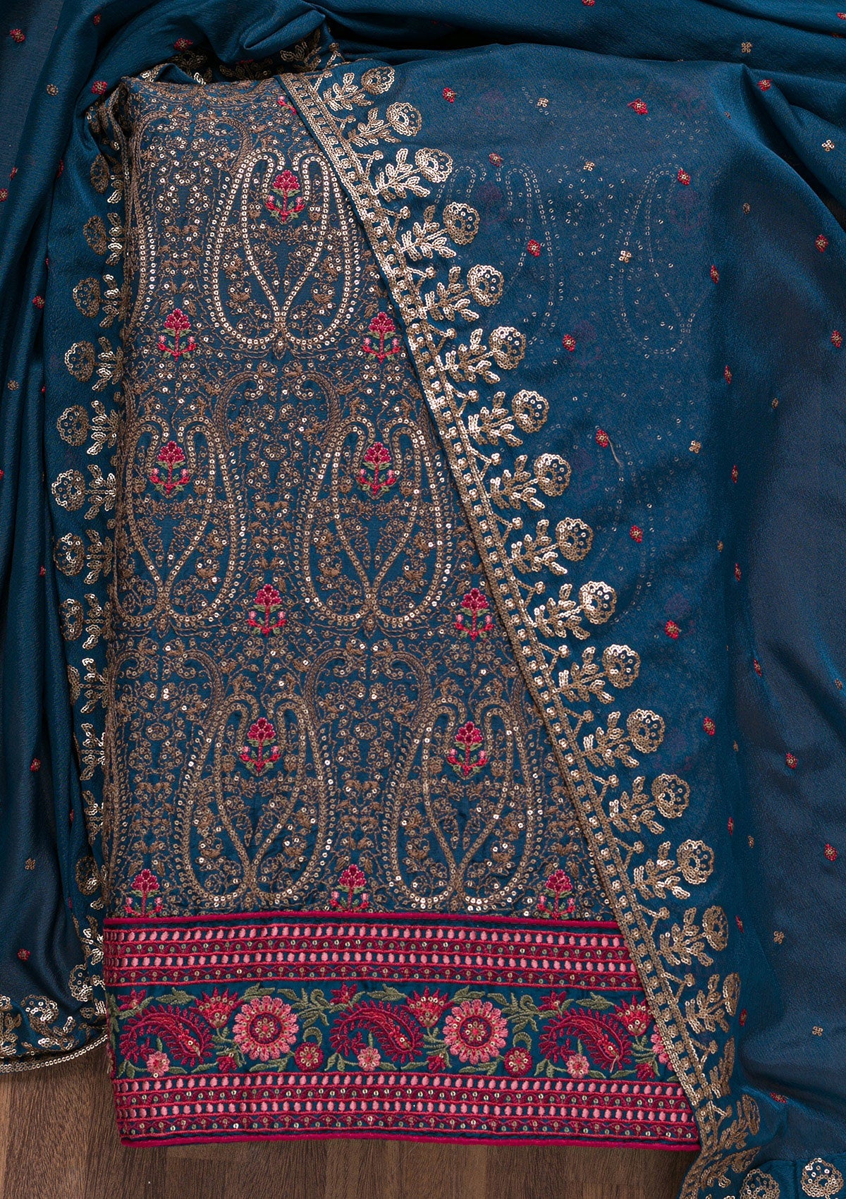 Navy Blue Threadwork Semi Crepe Unstitched Salwar Suit-Koskii