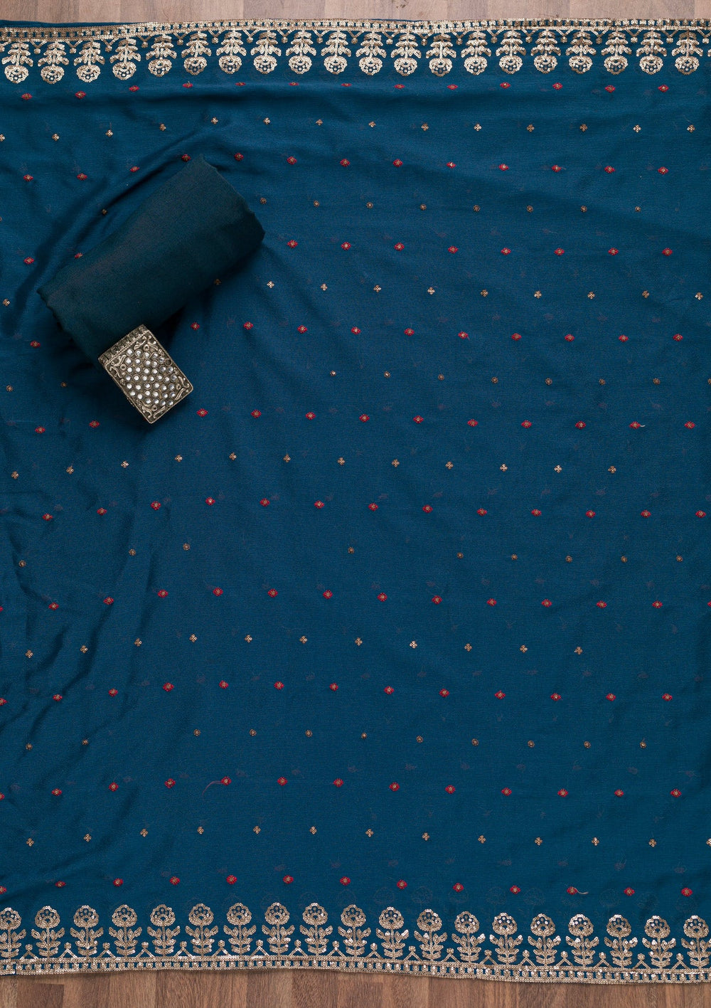 Navy Blue Threadwork Semi Crepe Unstitched Salwar Suit-Koskii