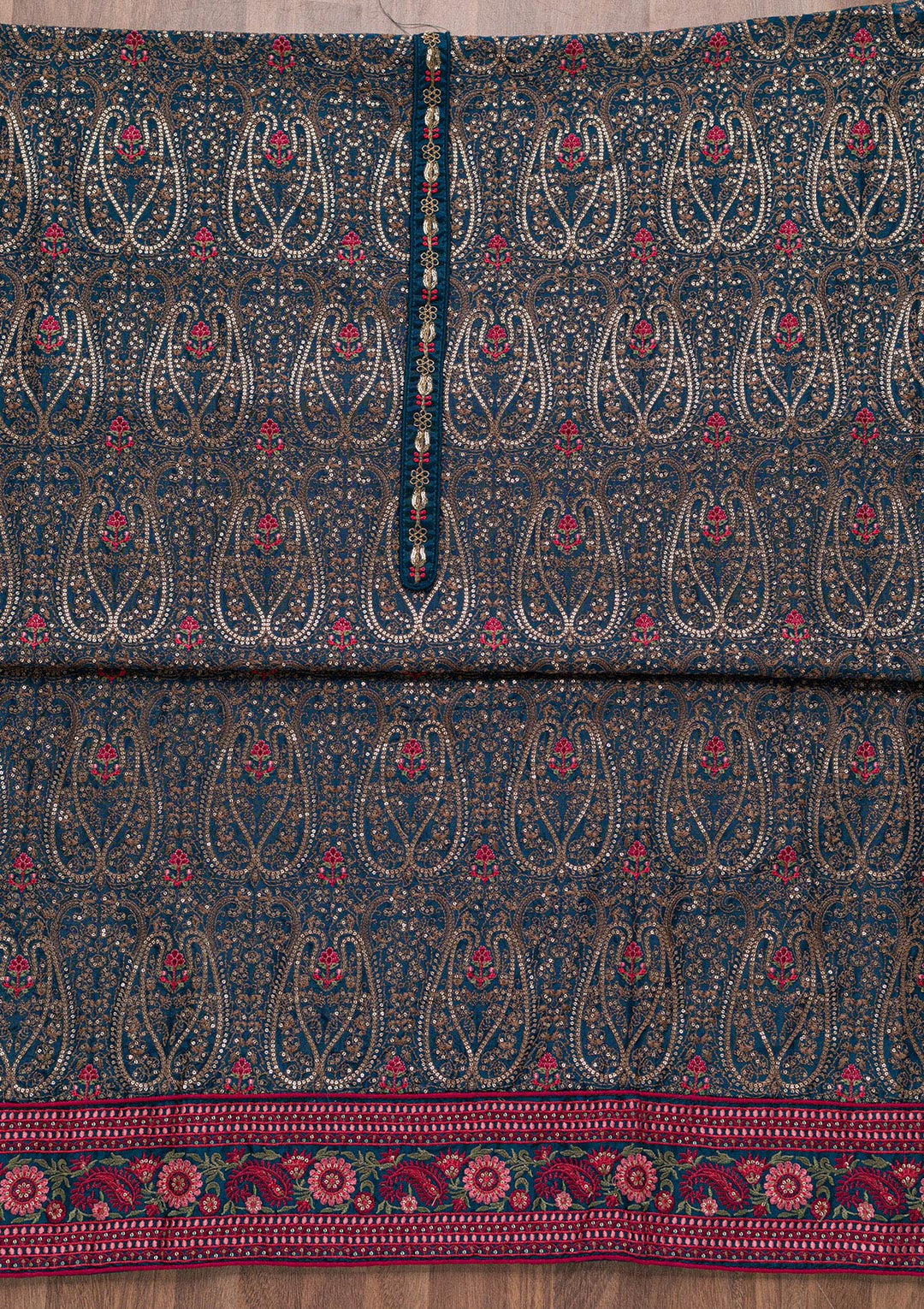 Navy Blue Threadwork Semi Crepe Unstitched Salwar Suit-Koskii