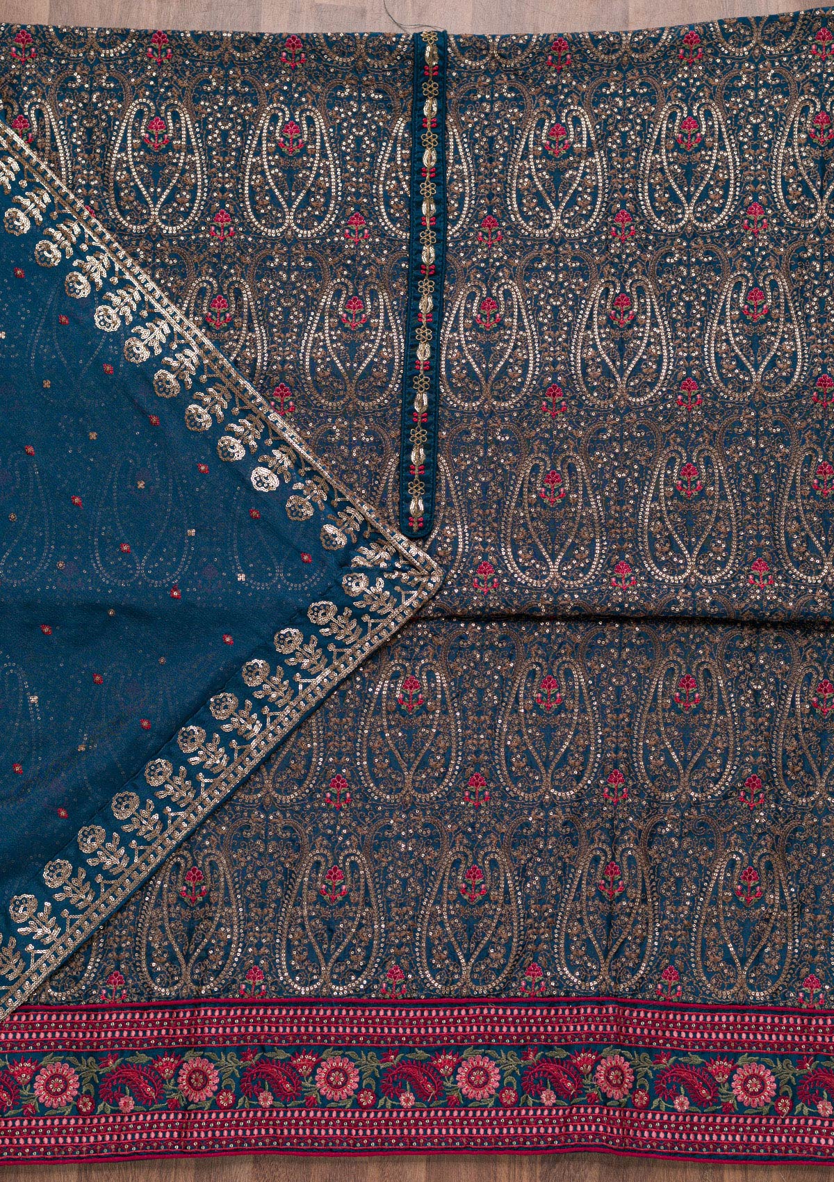 Navy Blue Threadwork Semi Crepe Unstitched Salwar Suit-Koskii