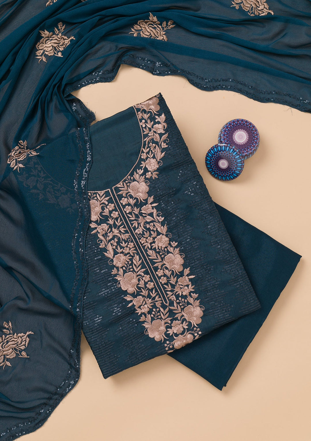 Navy Blue Threadwork Semi Crepe Unstitched Salwar Kameez-Koskii