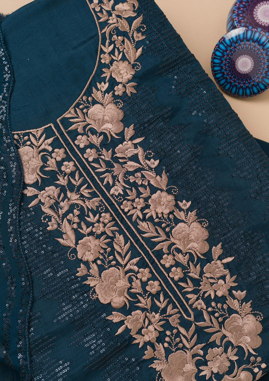 Navy Blue Threadwork Semi Crepe Unstitched Salwar Kameez-Koskii