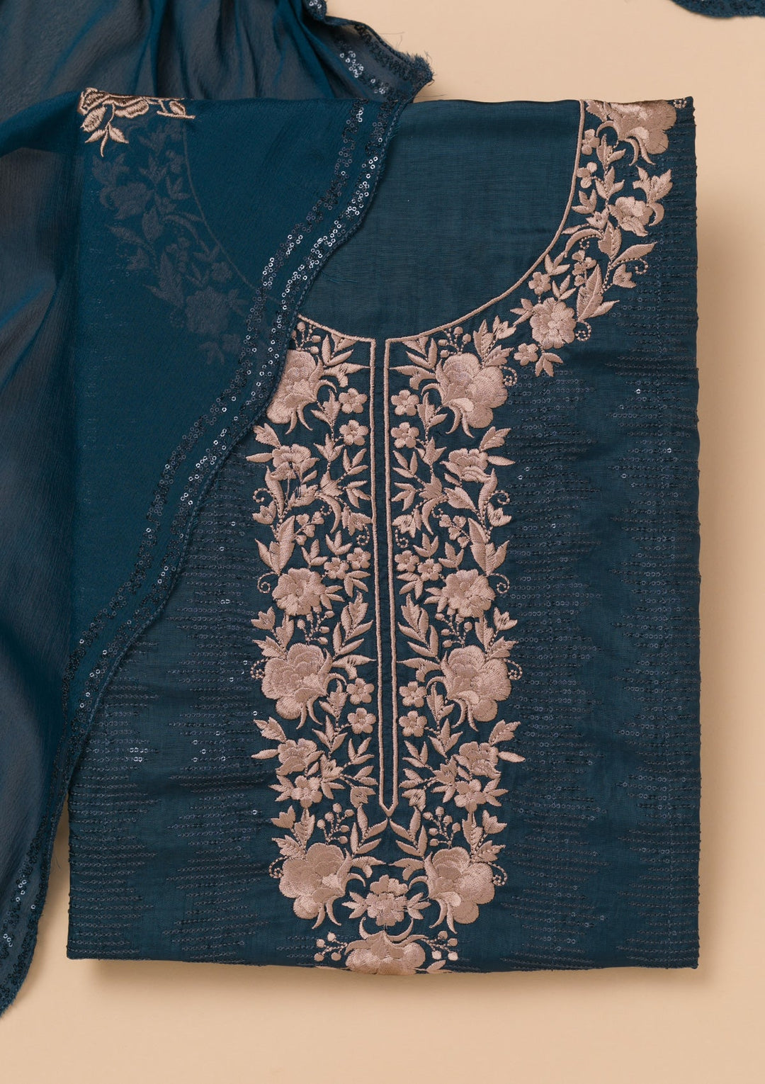 Navy Blue Threadwork Semi Crepe Unstitched Salwar Kameez-Koskii