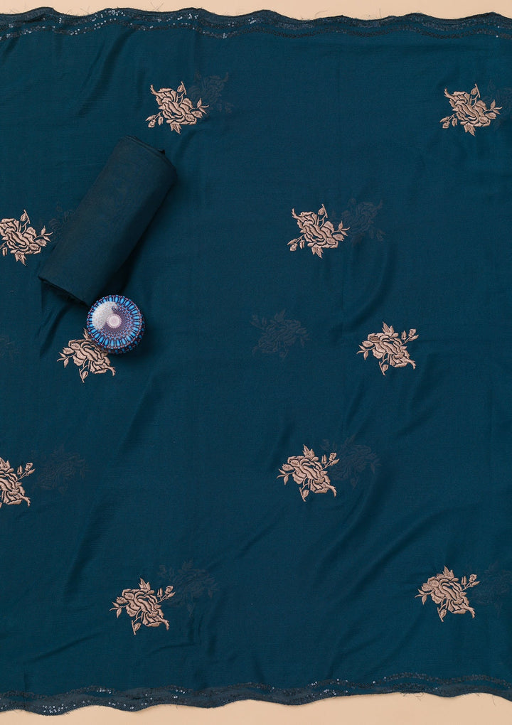 Navy Blue Threadwork Semi Crepe Unstitched Salwar Kameez-Koskii