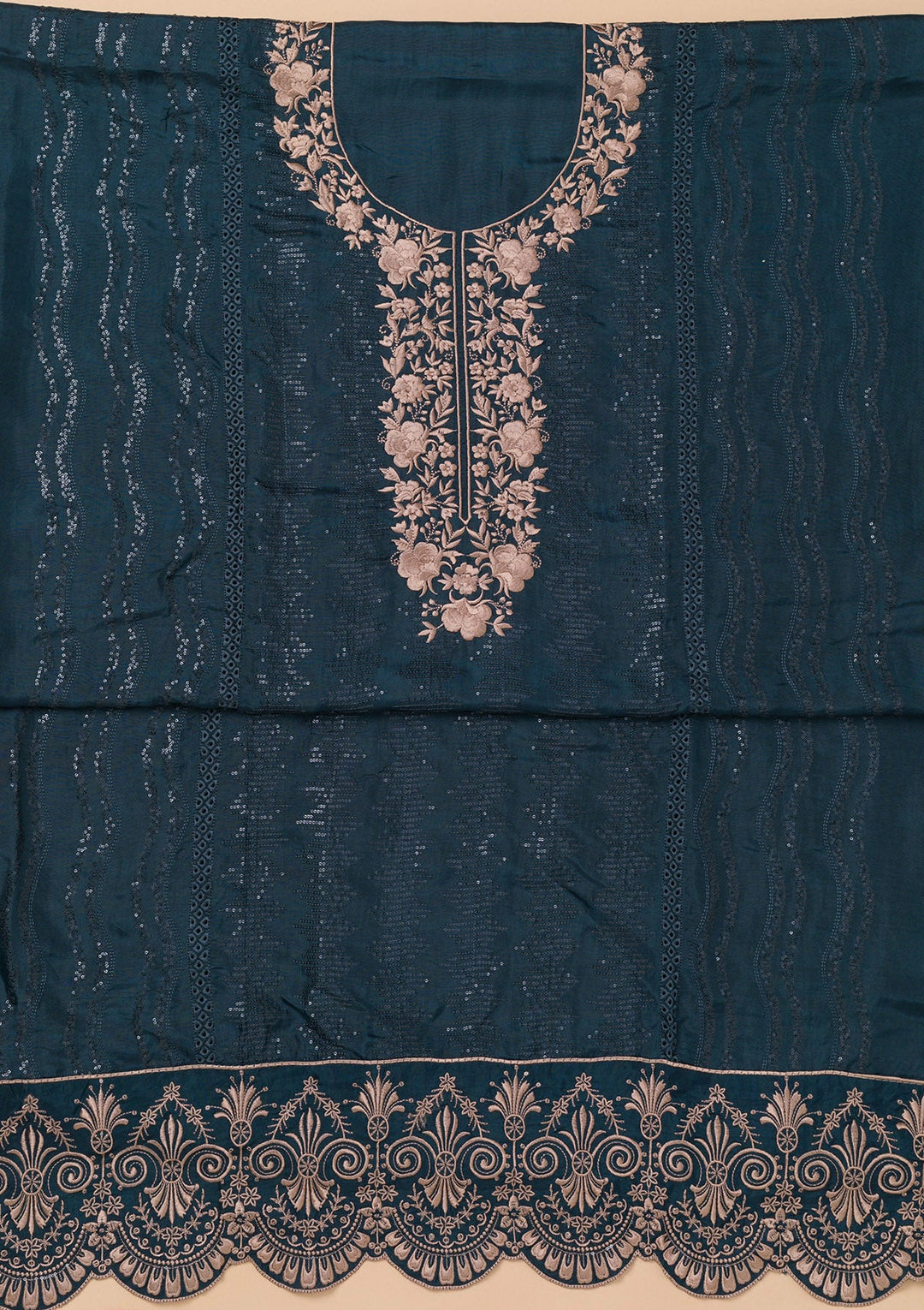 Navy Blue Threadwork Semi Crepe Unstitched Salwar Kameez-Koskii