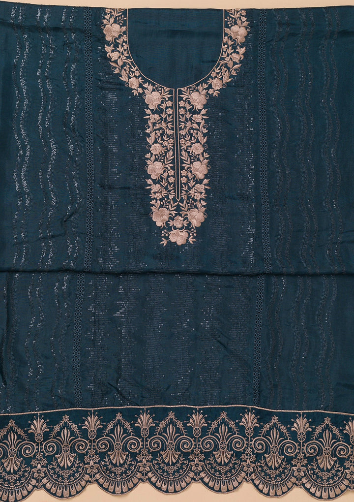 Navy Blue Threadwork Semi Crepe Unstitched Salwar Kameez-Koskii