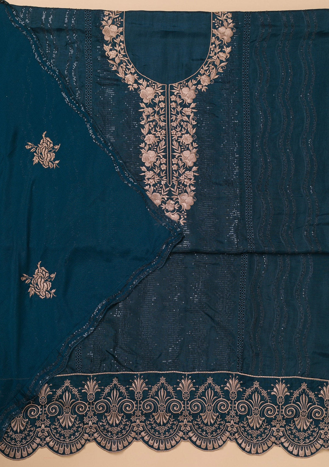 Navy Blue Threadwork Semi Crepe Unstitched Salwar Kameez-Koskii