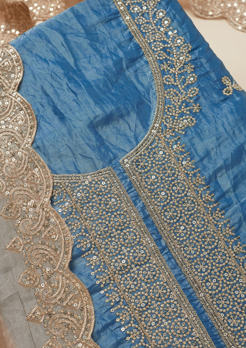 Navy Blue Threadwork Semi Crepe Unstitched Salwar Suit-Koskii