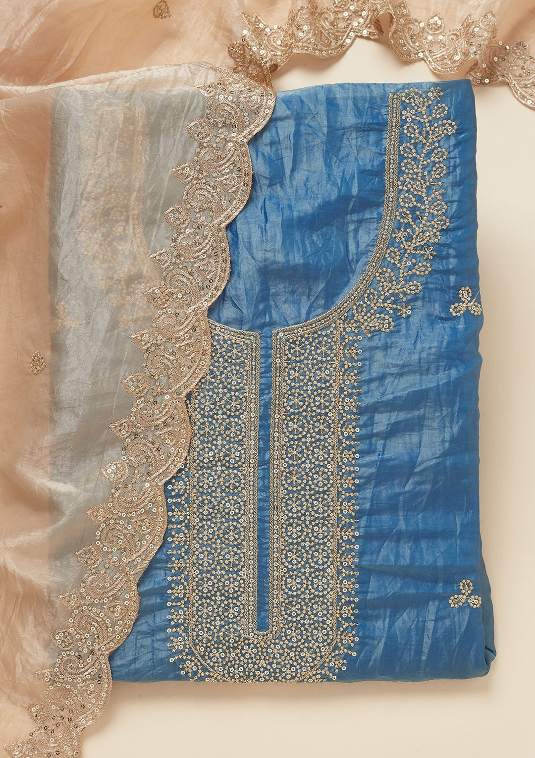 Navy Blue Threadwork Semi Crepe Unstitched Salwar Suit-Koskii