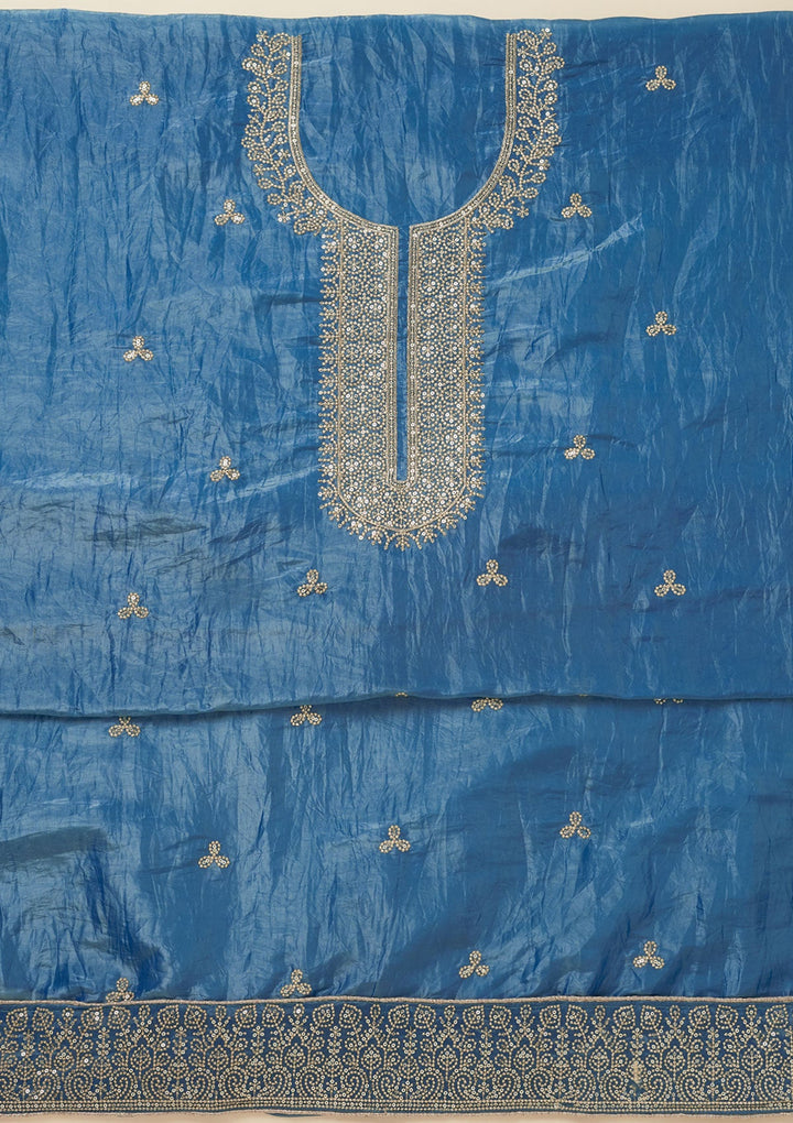 Navy Blue Threadwork Semi Crepe Unstitched Salwar Suit-Koskii