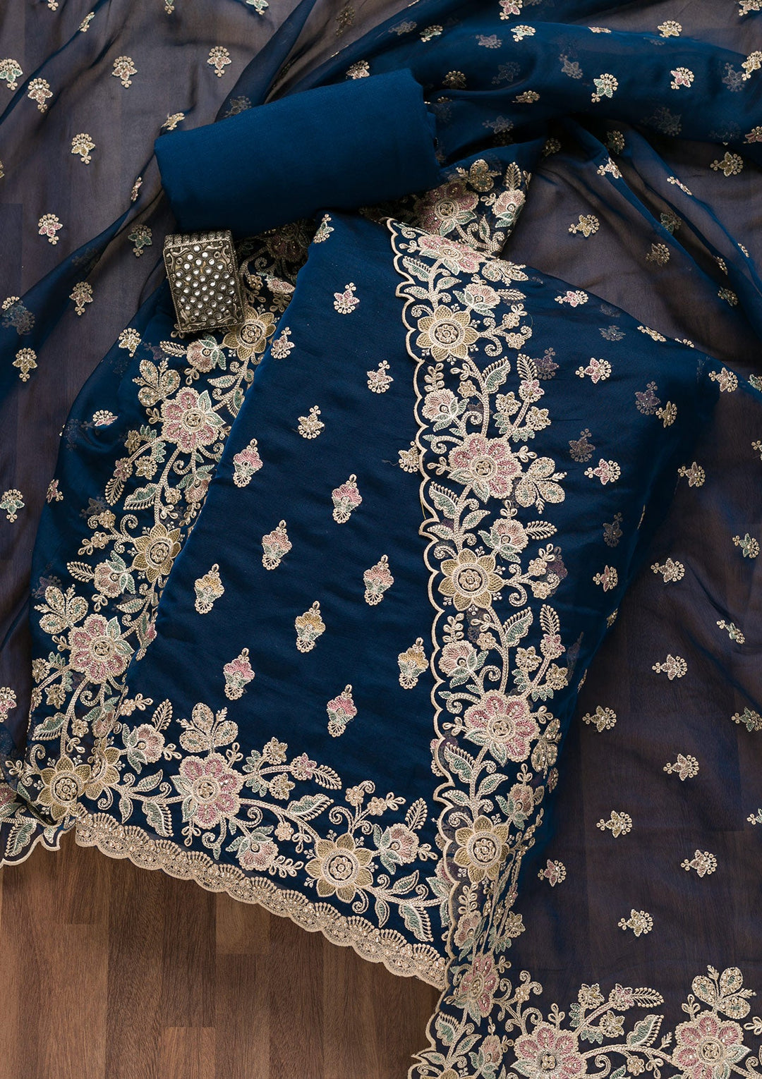 Navy Blue Threadwork Tissue Unstitched Salwar Suit-Koskii