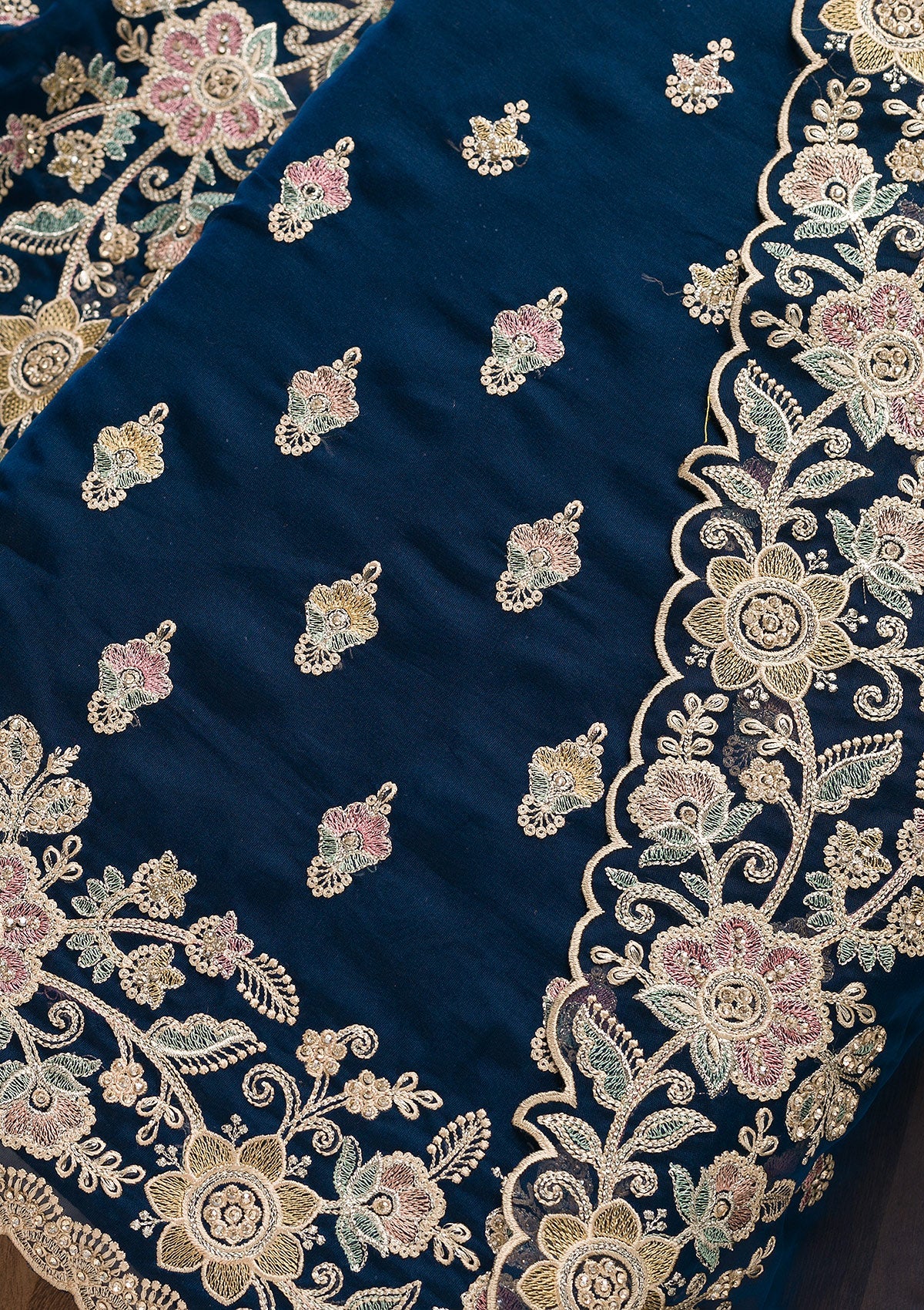 Navy Blue Threadwork Tissue Unstitched Salwar Suit-Koskii