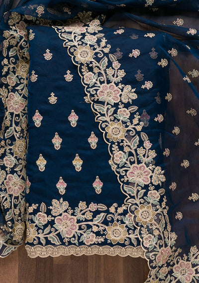 Navy Blue Threadwork Tissue Unstitched Salwar Suit-Koskii